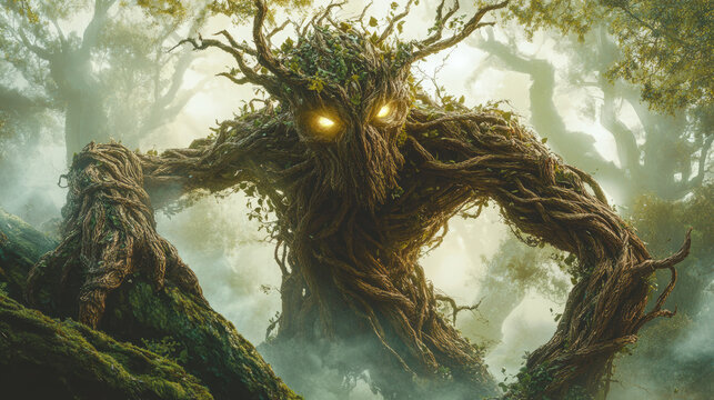Ent in Misty Forest. A gnarled tree creature stands amid a misty forest, its eyes glowing with an ethereal light.