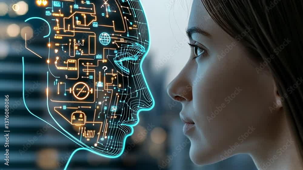 Poster exploring the interface between human cognition and neural technology in a futuristic setting