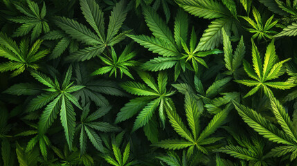 Lush green cannabis leaves create vibrant and natural backdrop, showcasing various shades of green and intricate leaf patterns that evoke sense of tranquility and connection to nature
