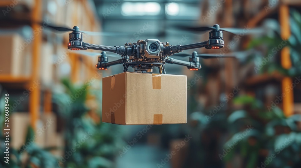 Aufkleber a drone equipped with a camera navigates through a modern logistics facility, carrying a cardboard b
