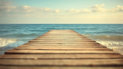 Fototapeta premium Wooden pier extending into calm waters, bathed in natural light, evoking tranquility and timeless serenity