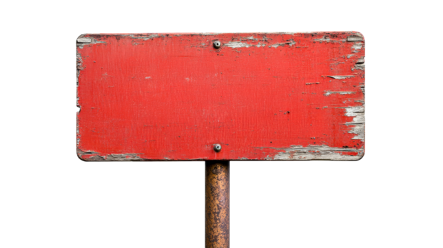 Weathered red sign on pole with peeling paint, cut out transparent