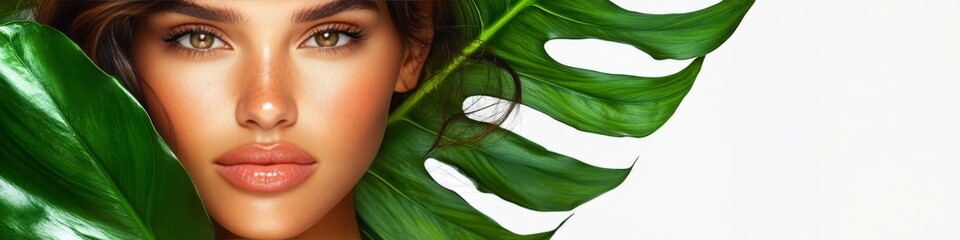 Fototapeta premium Beautiful Woman, Green Monstera Leaf, Tan Skin, Natural Beauty, Minimal Makeup, Clean Background