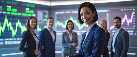 A confident woman in a suit shakes hands with a colleague in a high-tech office. A group of diverse professionals stands behind her, engaged in discussion while analyzing financial charts on screens