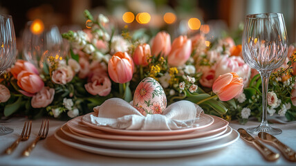 Naklejka premium Painted Easter egg with pink flowers on a napkin over plates, surrounded by tulips and roses. Suitable for Easter decor, content, and spring visuals
