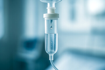 Transparent IV dropper with liquid in medical clinic