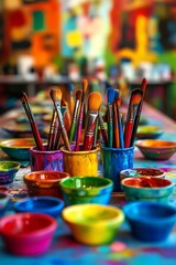 Vibrant paintbrushes in colorful cups and paint palettes.  A creative art studio scene perfect for educational or artistic projects.
