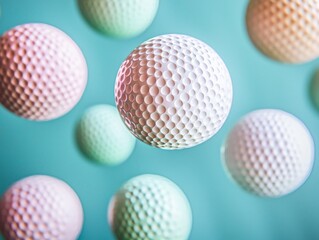 Pastel-Colored Golf Balls in Mid-Air Against an Aqua Blue Backdrop, Abstract Design