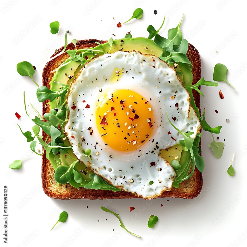 Poster avocado toast delight: a close-up shot of an appetizing avocado toast topped with a perfectly fried 