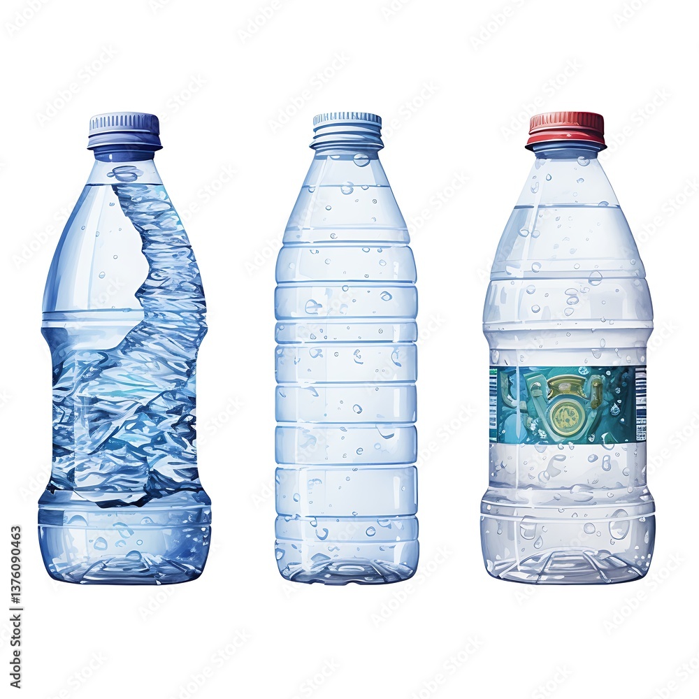 Poster three plastic bottles of refreshment: capturing refreshing pure water in clear bottles with varying 