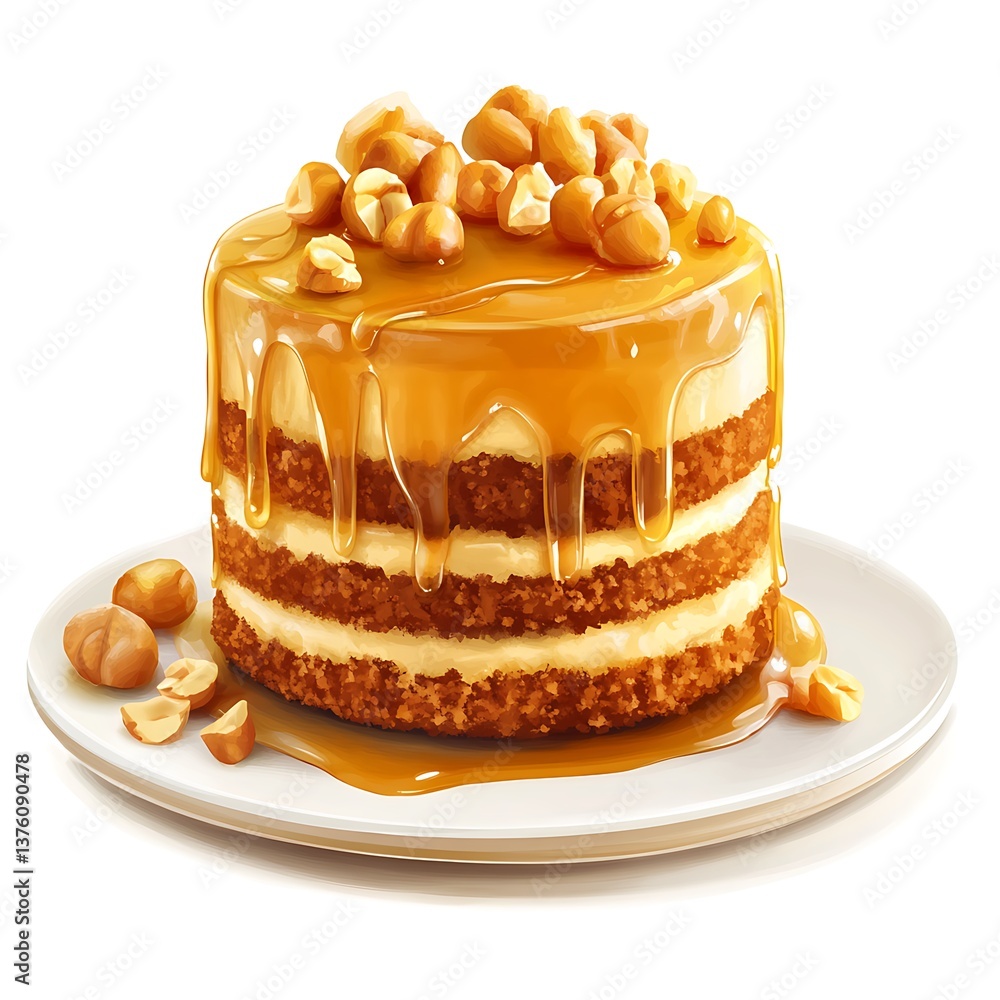 Poster decadent delight: a close-up view showcases a layered cake adorned with flowing caramel and a crown 