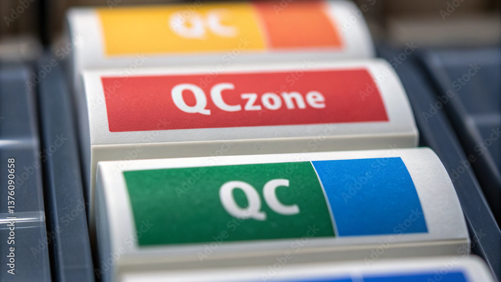 Poster quality control labels are organized in neat row, showcasing different zones for effective managemen