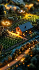 Tilted angle view of a solar-powered farmhouse, vibrant crops illuminated by floating drones, harmony of nature and technology