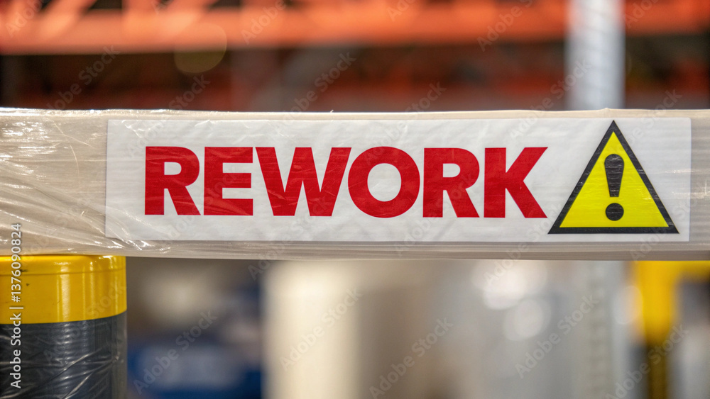 Poster rework sign indicating quality control measures in warehouse environment to ensure proper handling a