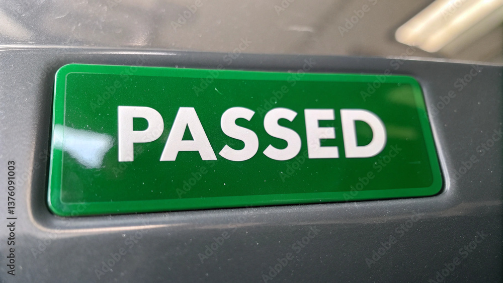 Poster passed quality control with clear indication of success. this sign represents assurance and reliabil