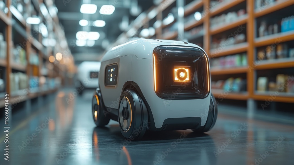 Poster a small robotic delivery vehicle operates within a busy warehouse filled with organized shelving. th