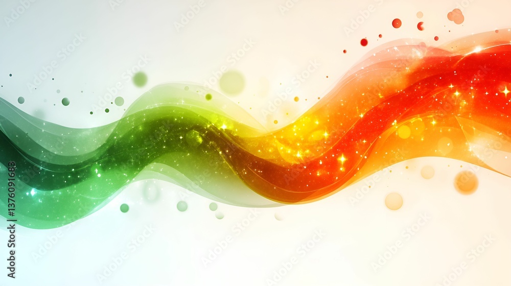 Poster a vibrant abstract design featuring flowing waves of green, orange, and red with sparkling elements 
