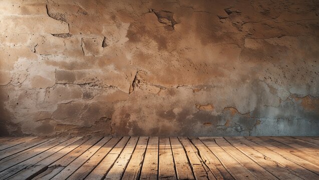 Rustic wooden floor and weathered wall with earthy tones