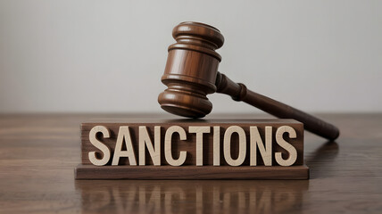 Sanctions concept with hammer symbolizing political tension economic restriction punishment...