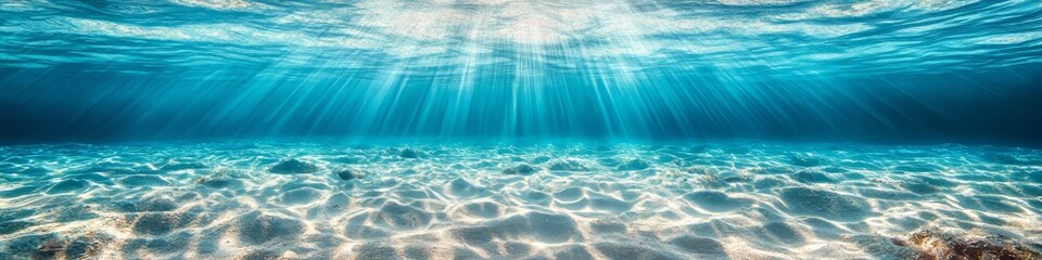 Tranquil Underwater Scene Sunlight Piercing Through Ocean Surface, Illuminating Sandy Seabed
