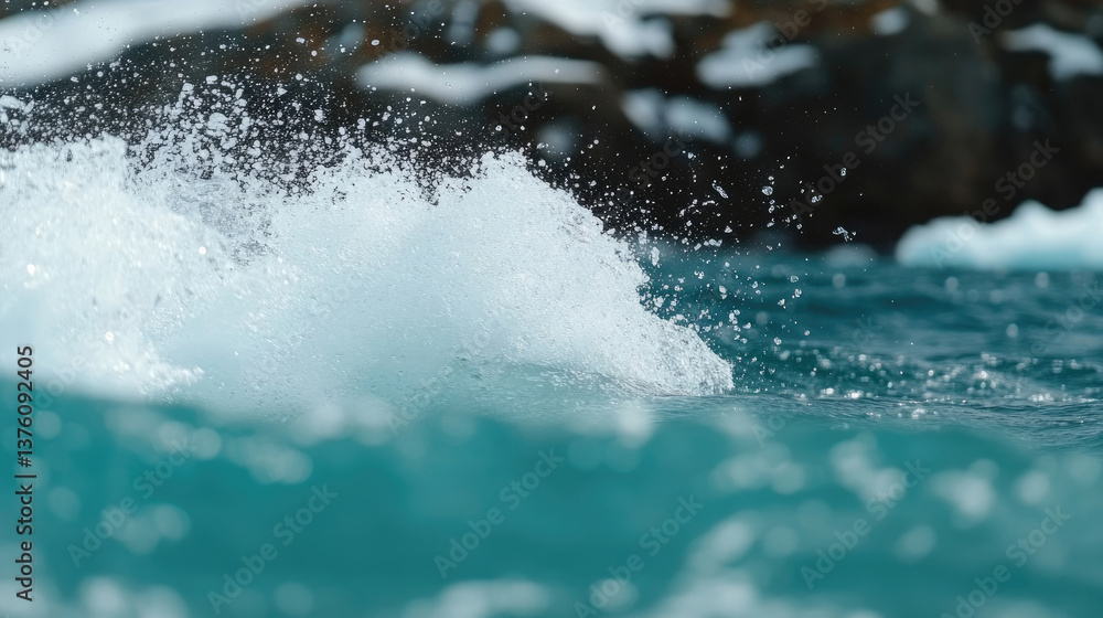 Poster close-up of vibrant teal water with a wave splashing, creating a dynamic burst of white foam and dro