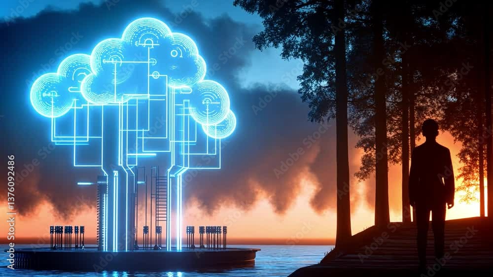 Poster futuristic neural network visualization at dusk in a serene forest setting