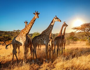 Fototapeta premium Group of giraffes in a National Park. Sunlight landscape. 