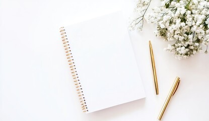 Minimalist workspace with blank notebook, pen, and flowers