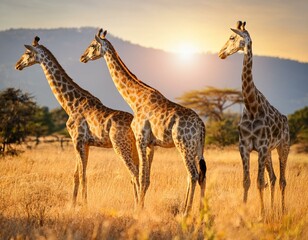 Group of giraffes in a National Park. Sunlight landscape. 
