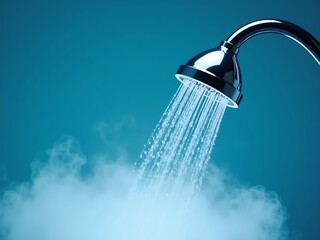 Modern shower head releasing clear water droplets against a blue background, with white steam below, creating a refreshing and relaxing minimalist scene."