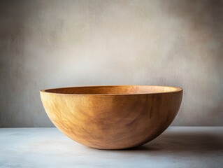 A wooden bowl styled in a modern aesthetic, soft-focus background, neutral tones, and simple elegance