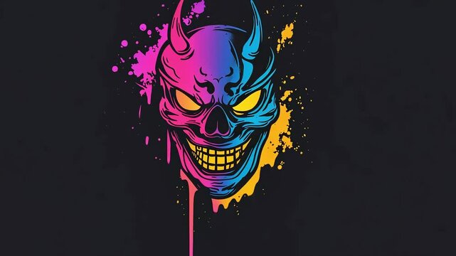 Colorful devil skull with horns, sharp teeth, glowing eyes, paint splashes on a dark background