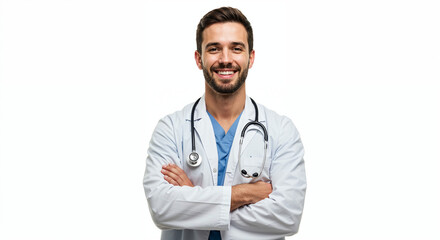 Smiling male doctor wearing lab coat and stethoscope, arms crossed, isolated on white background