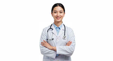 Portrait of smiling young female doctor in lab coat with stethoscope, isolated on white studio background