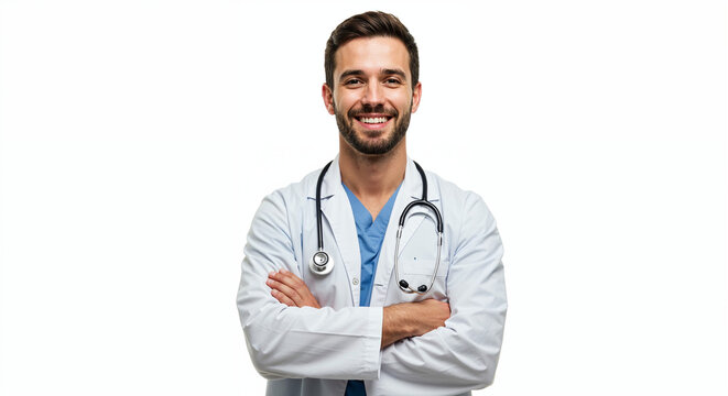 Smiling male doctor wearing lab coat and stethoscope, arms crossed, isolated on white background