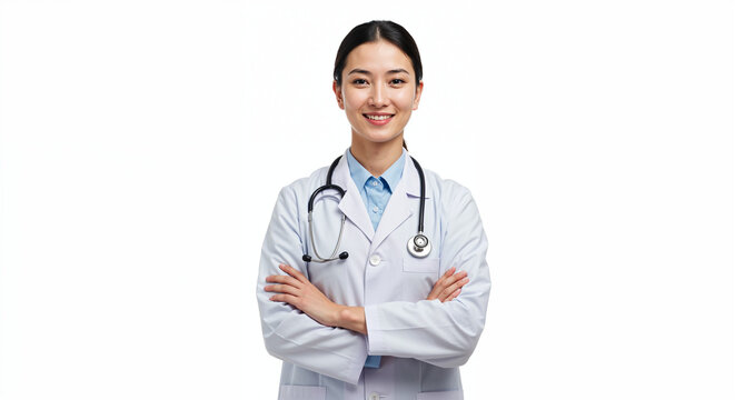 Portrait of smiling young female doctor in lab coat with stethoscope, isolated on white studio background