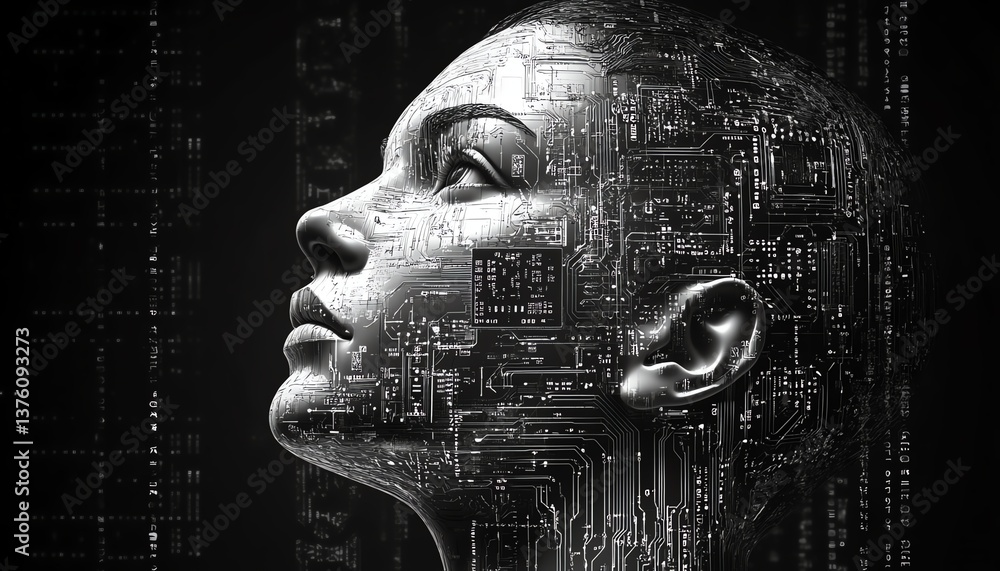 Aufkleber realistic 3d image of a human head with circuits and ai connections inside, futuristic engineering c