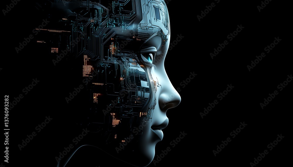 Aufkleber realistic 3d image of a human head with circuits and ai connections inside, futuristic engineering c