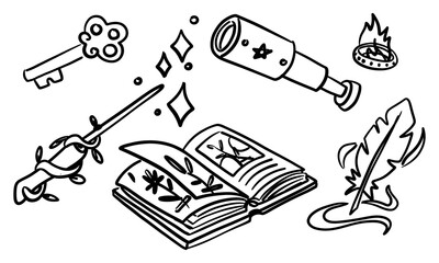 set spyglass, ring, pen, magic wand, book, key of doodle-style magic tools. Monochrome. Suitable for fantasy projects, books, games, and artwork related to magic, alchemy, and mystical rituals.