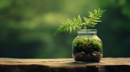Small fern plant in a glass jar with moss and stones on a wooden surface.