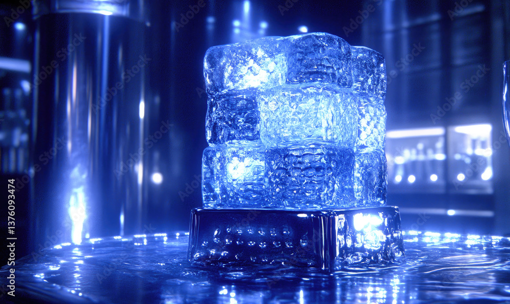 Poster stacked ice cubes on a reflective surface, illuminated with blue light, creating a cool and modern a