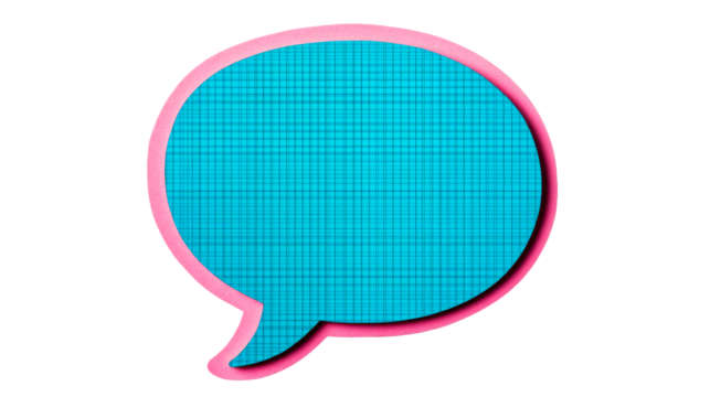 Pink border speech bubble, cyan grid pattern background , cut out transparent