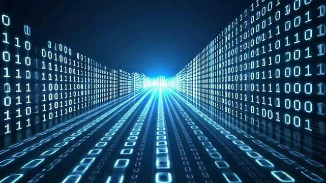 Data stream of binary code flowing into light at the end of the tunnel, digitally
