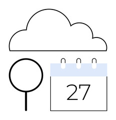 Simple cloud element, calendar with date marked, and magnifying glass icon. Ideal for digital planning, organization, data access, scheduling, search tools cloud storage time management. Flat