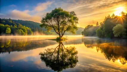Obraz premium Serene Sunrise A Solitary Tree's Golden Reflection on Still Water