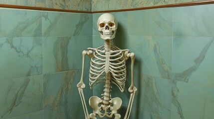 Human Skeleton Model in Corner Green Tile Wall Anatomy Study