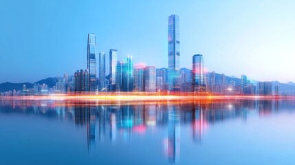 Obraz premium Vibrant Cityscape at Dusk: A Stunning Reflection of Urban Lights
