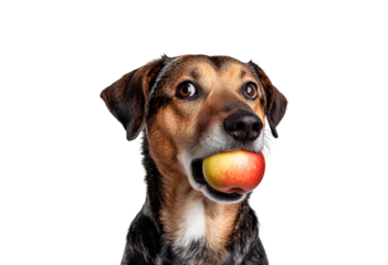Dog holds a shiny red apple in its mouth isolated on transparent background