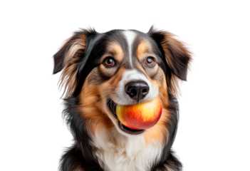 Dog holds shiny red apple in mouth isolated on transparent background