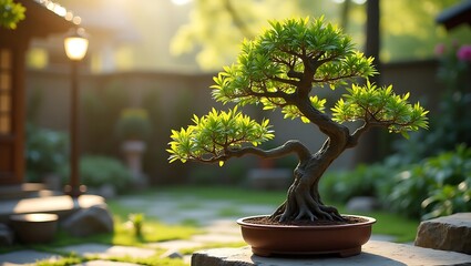 Exquisite Bonsai Tree Adorning a Peaceful Home Garden